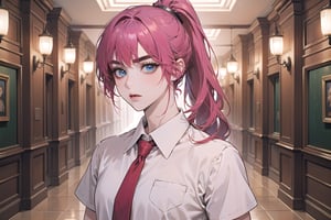 ((Fuchsia hair)), (thick eyebrows), (small chest:1.1), (bangs), ((long ponytail)), blue eyes, mad, wearing a ((school uniform)), red tie, short sleeve, by Raphael, masterpiece, upper body shot, magnificent indoor hall,Argissa,1 girl