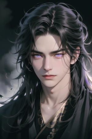 (cowboy shot), dynamic action style, (1man), (male:1.2), mature face, (mature boy:1.2), sinister smirk, (Chinese hanfu with black and gold accents), finely detailed eyes and face, (long black straight hair:1.2), (purple eyes:1.1), (focus on character:1.1), ((solo)), detailed face, detailed eyes, Chinese epic style, clear subject, ultra realistic, ultra detailed, OC rendering, blender, high detail, ultra high quality, dark and ominous atmosphere, dark clouds swirling, subtle mist