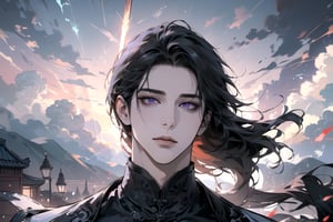 (Absurdres, Intricate Details, Masterpiece, Best Quality, High Resolution, 8k), (1man), (male:1.2), mature face, (mature boy:1.2), finely detailed eyes and face, lean body, black long straight hair, (purple eyes), (focus on character:1.1), solo, full shot, full body, detailed background, detailed face, thunder manipulation, dynamic shadows, ethereal atmosphere, Depth of Field, lighting sword, swordman, spellcaster, Chinese style, (((Ascension))), Mysterious clouds, thunderstorm, (floating:1.6)