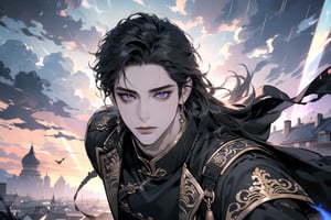 (Absurdres, Intricate Details, Masterpiece, Best Quality, High Resolution, 8k), (1man), (male:1.2), mature face, (mature boy:1.2), finely detailed eyes and face, lean body, black long straight hair, (purple eyes), (focus on character:1.1), solo, full shot, full body, detailed background, detailed face, thunder manipulation, dynamic shadows, ethereal atmosphere, Depth of Field, lighting sword, swordman, spellcaster, Chinese style, (((Ascension))), Mysterious clouds, thunderstorm, (flying:1.6)