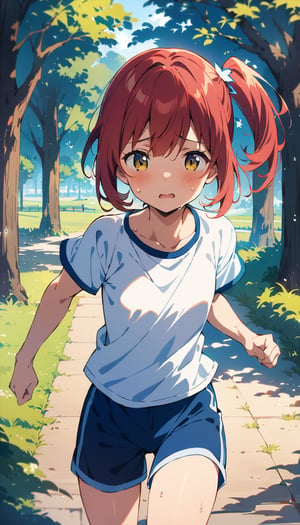 1girl, solo, red hair, short hair, straight hair, side ponytail, hair accesory, golden eyes, exhausted, sweating, small breasts, petite body, blue shorts, white t-shirt, outdoors, park, trees, morning, running, (masterpiece), best quality, cute face, 4k, very aesthetic, absurdres, intricate details, perfect anatomy, extremely delicate body, smooth skin, feminine expression, cristal clear eyes, anime style, flat style