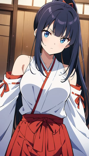 1girl, solo, dark blue hair, long hair, straight hair, ponytail, hair red ribbon, blue eyes, serious, medium breasts, miko outfit, naginata, red hakama, dojo, (masterpiece), best quality, cute face, 4k, very aesthetic, absurdres, intricate details, perfect anatomy, extremely delicate body, smooth skin, feminine expression, cristal clear eyes, anime style, flat style