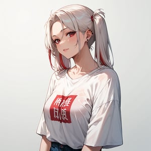 score_9, score_8_up, score_7_up, score_6_up, score_5_up, score_4_up, source_anime, mature_woman, hourglass body ,white hair,red streak,red highlights,oversized shirt,pigtails