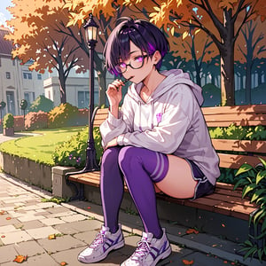 score_9, score_8_up, score_7_up, score_6_up, score_5_up, score_4_up, source_anime, mature_woman, eating pocky, (purple_eyes:1.2), (glowing_eyes:1.2), short hair, pixie, (black hair, purple highlights), eyeglasses, anatomically correct, fit body, oversized hoodie, white hoodie, stripped thigh highs, white and purple thigh highs, sneakers, outside, park, life-like scenery, autumn,