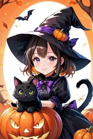 a cute young girl in cosplay witch costume, having fun playing with a black cat cat, background huge pumpkin,(anime style),(anime)