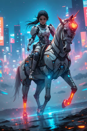 A futuristic landscape unfolds as a youthful heroine, garbed in armored finery, astride a gleaming cybernetic steed. The majestic creature's metallic hide glistens under the piercing light of a neon-drenched cityscape. With determined gaze, the girl warrior grasps the reins, her fingers intertwined with the horse's neural tendrils as they thunder forth into a boundless digital horizon.