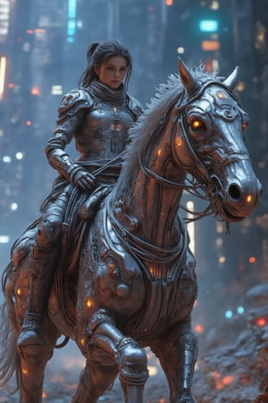 A futuristic landscape unfolds as a youthful heroine, garbed in armored finery, astride a gleaming cybernetic steed. The majestic creature's metallic hide glistens under the piercing light of a neon-drenched cityscape. With determined gaze, the girl warrior grasps the reins, her fingers intertwined with the horse's neural tendrils as they thunder forth into a boundless digital horizon.