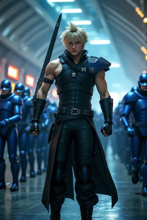 Cloud Strife of Final Fantasy VII stands confidently, his iconic Buster Sword held aloft as he takes on an army of soldiers clad in gleaming blue armor. The futuristic train station's sleek, metallic walls and neon-lit signs provide a striking backdrop for the epic battle. Cloud's determined expression and dynamic pose are juxtaposed with the mechanical, uniformed troops advancing in lockstep.