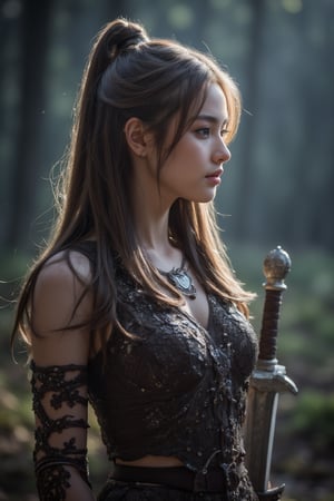  A cinematic hyper-realistic masterpiece, realistic scenery, ultra high quality, a gorgeous young night elf huntress in the mystical Forest, holding two swords, ancient light leather armor with shimmering semi-precious stones, dusk, moonshine, aura 