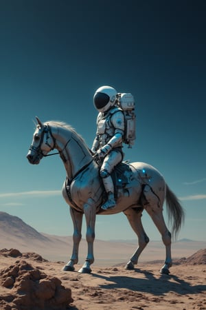 A futuristic landscape with a metallic equine figure, its body a blend of organic and synthetic materials, astride a suited astronaut who appears diminutive in comparison. The cybernetic horse's metallic coat glistens under the harsh light of a distant planet, while the astronaut's suit is adorned with blinking blue indicators. The composition is centered around the unusual pair, with the horizon stretching out in a deep shade of indigo.