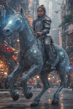 A futuristic landscape unfolds as a youthful heroine, garbed in armored finery, astride a gleaming cybernetic steed. The majestic creature's metallic hide glistens under the piercing light of a neon-drenched cityscape. With determined gaze, the girl warrior grasps the reins, her fingers intertwined with the horse's neural tendrils as they thunder forth into a boundless digital horizon.