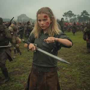  A cinematic hyper-realistic picture of a young girl with blond hair blue eyes and her face with red war paint angry, wearing a dark green leather hide and a brown leather skirt, her body spinning a sword around fighting in combat, standing in a battlefield of orcs and trolls, a photographic masterpiece of cinematography 