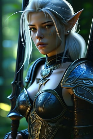  A cinematic hyper-realistic masterpiece, realistic scenery, ultra high quality, a gorgeous young night elf huntress in the mystical Forest, holding two swords, ancient light leather armor with shimmering semi-precious stones, dusk, moonshine, aura 