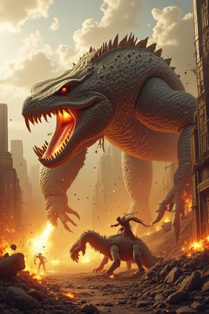 A colossal robot, its metallic body glowing with fiery sparks, clashes with a gargantuan reptilian creature amidst a metropolis in ruins. The behemoth lizard, its scales glistening in the golden light of destruction, unleashes a torrent of flames and razor-sharp claws as it battles the mechanical monstrosity, which retaliates with a barrage of laser blasts and powerful punches. Skyscrapers crumble and debris flies through the air as the two titans wreak havoc on the cityscape.