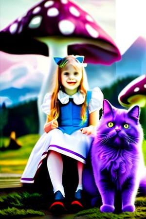 a realistic cute young girl in cosplay Alice in wonderland costume, having fun playing with a purple cat cat, giant mushroom