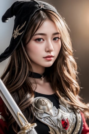 a realistic , young girl, cosplay, warrior, wizard, costume, fighting, monster, magic, knight, sharp focus, light aura, witchcraft