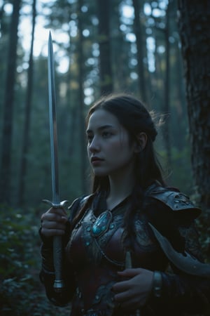  A cinematic hyper-realistic masterpiece, realistic scenery, ultra high quality, a gorgeous young night elf huntress in the mystical Forest, holding two swords, ancient light leather armor with shimmering semi-precious stones, dusk, moonshine, aura 