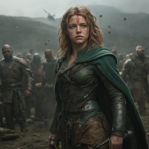  A cinematic hyper-realistic picture of a young girl with blond hair blue eyes and her face with red war paint angry, wearing a dark green leather hide and a brown leather skirt, her body spinning a sword around fighting in combat, standing in a battlefield of orcs and trolls, a photographic masterpiece of cinematography 