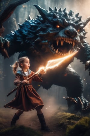 a realistic photo of a cute young girl cosplay in wizard cotume, fighting a giant monster with magic,