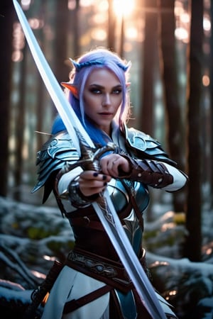  A cinematic hyper-realistic masterpiece, realistic scenery, ultra high quality, a gorgeous young night elf huntress in the mystical Forest, holding two swords, ancient light leather armor with shimmering semi-precious stones, dusk, moonshine, aura 