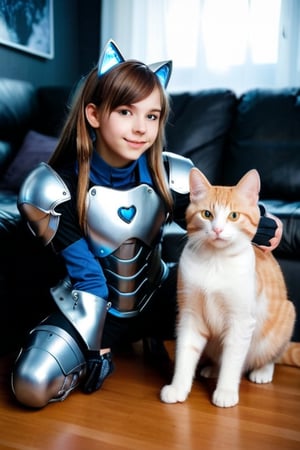 a cute 13yo girl in cosplay cyber armor, having fun playing with a cat