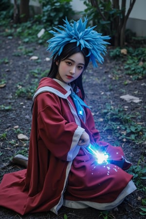 a realistic, photography , young girl, cosplay, warrior, wizard, costume, fighting, monster, magic, knight, sharp focus, light aura, witchcraft