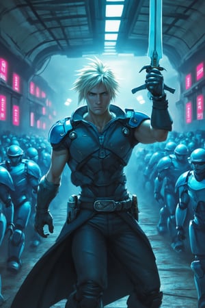 Cloud Strife of Final Fantasy VII stands confidently, his iconic Buster Sword held aloft as he takes on an army of soldiers clad in gleaming blue armor. The futuristic train station's sleek, metallic walls and neon-lit signs provide a striking backdrop for the epic battle. Cloud's determined expression and dynamic pose fighting the mechanical, uniformed troops advancing 