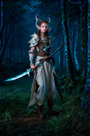  A cinematic hyper-realistic masterpiece, realistic scenery, ultra high quality, a gorgeous young night elf huntress in the mystical Forest, holding two swords, ancient light leather armor with shimmering semi-precious stones, dusk, moonshine, aura 