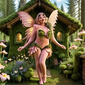 A woman with four eyes, Melanie woman, pink textured skin, wearing a fairy costume, fairy wings, green fairy costume, in a wooden house, grass and moss and flowers and trees growing in house, posing, looking in awe, full body, full body in view