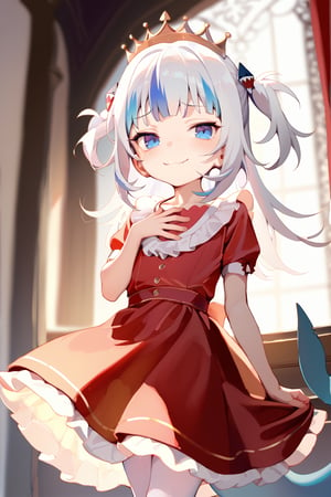 (by mika pikazo, by puuzaki puuna:0.7), ((masterpiece, best quality)), good_hands, indoors,  gawr gura  ,1girl, solo, flat chest, loli, sharp teeth, shark tail,  blue eyes, white hair, streaked hair,  two side up, hair ornament, crown,  red dress, short sleeves, frilled dress, elbow gloves, bow, white pantyhose, mary janes,  raised eyebrows, blush, light smile, standing, hand on own chest, a royal young girl with an elegant dress in a palace, cowboy shot, 