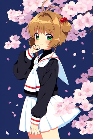  mamyouda, white background, cherry blossoms, 1girl, solo,  Kinomoto Sakura, green eyes, short hair, brown hair, antenna hair, hair ornament, school uniform, black shirt, long sleeves, white sailor collar, white neckerchief,  white skirt, pleated skirt, white socks, shoes, standing, blush, light smile, hand up, curled fingers, cute pose, cowboy shot, perfect hands, perfect anatomy, masterpiece, best quality, very aesthetic, absurdres,