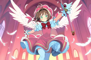 morino hon, outdoors, church, feathers, 1girl, solo,  Kinomoto Sakura, green eyes, short hair, brown hair, antenna hair, pink hat, white shirt, frilled shirt, short sleeves, puffy sleeves, pink dress, frilled dress, angel wings, white gloves, white thighhighs, mary janes, red footwear, ribbon, red bow, magical girl, standing, dynamic pose, holding wand,  fuuin no tsue, smile, blush, looking at viewer, perfect hands, perfect anatomy, masterpiece, best quality, very aesthetic, absurdres, limited palette, pink theme