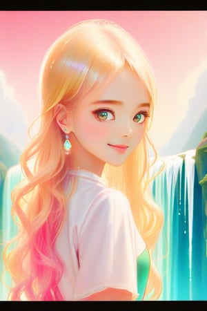 A warm-toned anime-style illustration featuring a young girl with vibrant blonde locks cascading down her back like a golden waterfall. Her piercing jade eyes, reminiscent of a precious gemstone, sparkle with a hint of mischief as she gazes directly at the viewer. Framed by a soft, gradient background that blends from creamy whites to gentle pinks, this whimsical portrait captures the girl's playful essence amidst a dreamy atmosphere.