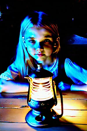 A close-up shot of a young Russian girl with bright blonde hair and piercing grey eyes. She sits in front of a rustic wooden table, her hands cradling a traditional samovar as she gazes softly into the distance. The warm glow of a nearby candle casts a gentle light on her delicate features, highlighting the subtle freckles scattered across her nose.