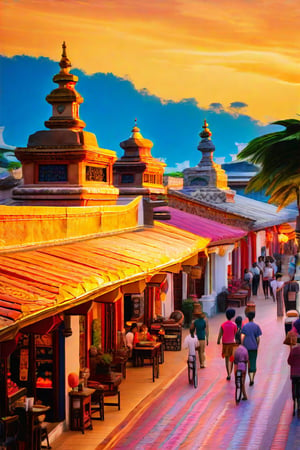 A vibrant tapestry of cultures awaits in Malacca, Malaysia's historic city! In this iconic shot, a colorful mural adorns a worn stone wall, with ornate tiles and intricate carvings telling tales of the past. A majestic Portuguese fort looms in the background, while the bustling streets of Jonker Street Market come alive in the foreground. Warm golden lighting highlights the rich textures and patterns, as locals and tourists alike stroll along the famous Melaka River, blending old with new.