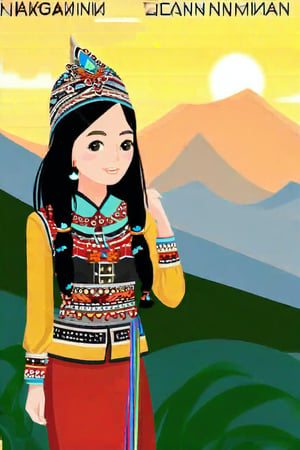 A vibrant anime-inspired scene: A Kadazan woman stands proudly on a lush hillside in Sabah, Malaysia. Her long black hair flows like the wind-swept leaves around her, as she gazes out at the rugged mountains. Traditional clothing adorns her body, with intricate patterns and bold colors. The warm sunlight casts a golden glow, highlighting her strong features. In the distance, the misty peaks of Mount Kinabalu rise, a majestic backdrop for this stunning woman's pose, arms crossed and chin held high, embracing her heritage and connection to the land.