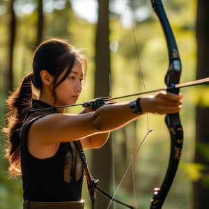 A focused woman in a forest, mid-action drawing a recurved bow, aiming intently at a distant target. The scene is framed with the woman in the foreground, her posture dynamic and precise, the bowstring taut. Soft dappled sunlight filters through the trees, highlighting her determined expression and the intricate details of the recurved bow. The background features a serene woodland setting, with the target faintly visible in the distance. Compositionally, the image captures the tension and precision of archery in a natural environment.