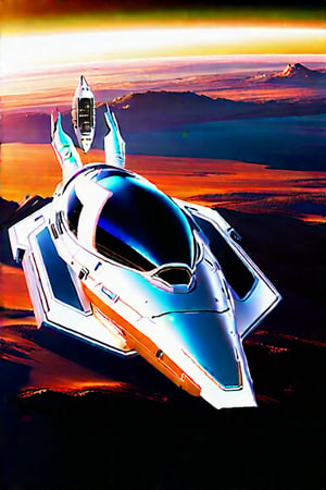 A sleek, metallic spaceship hovers in mid-air, its gleaming surface reflecting the vibrant hues of a distant planet's sunset. A lone astronaut, clad in a shimmering white spacesuit, peers out from the cockpit, their face a picture of wonder as they gaze upon the celestial landscape. The ship's propulsion system hums softly in the background, casting an otherworldly glow on the desolate yet majestic terrain.