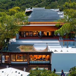 Aerial view of Kota Mahsuri complex, featuring a museum, handicrafts shop, theater, food outlets, and a re-created traditional house. The scene is brightly lit, showcasing a harmonious blend of modern architecture and traditional elements. People are seen exploring the area, with some entering the museum and others browsing the handicrafts shop. The theater is active with a performance in progress. Soft natural lighting highlights the intricate details of the traditional house, drawing attention to its cultural significance.