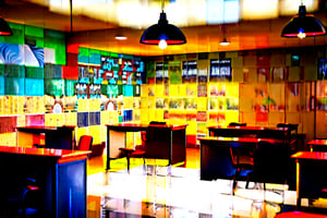 A warm, inviting Malaysian-style classroom interior, with wooden walls adorned with colorful tiles and vibrant murals, soft lighting from pendant lamps casting gentle shadows on worn wooden desks and chairs. 