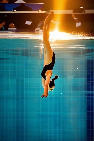 Mid-air, a diver's body taut with kinetic energy, executing a precise back somersault with twists as she soars towards the water's surface. Sunlight dances across ripples, casting shimmering highlights on her form. The diving platform blurs behind her, while the pool's blue tile floor reflects the aquatic environment's vibrant hues, creating a striking juxtaposition between calm and dynamic elements.