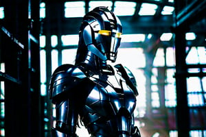 A medium shot of an imposing figure, 'The Iron Woman', standing in a dimly lit industrial setting. Her entire body is encased in shimmering iron armor, resembling a humanoid robot. Her facial features are obscured by a helmet-like mask, giving her an enigmatic and mysterious aura. The lighting highlights the metallic texture, casting dramatic shadows on the surrounding walls.