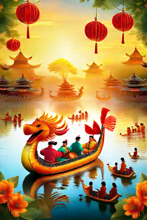 A vibrant poster for the Dragon Boat Festival! A majestic dragon-shaped boat glides across a serene lake's surface, surrounded by lush greenery and blooming flowers. The sun shines bright with warm golden light, casting a subtle glow on the water's gentle ripples. In the foreground, colorful lanterns sway gently in the breeze, while traditional Chinese drums and cymbals adorn the boat's railings. A lively dragon dance unfolds on the shore, as performers in vibrant costumes twirl and spin to the rhythm of the music. The festival's energetic atmosphere is captured in this dynamic poster, inviting all to join in the celebration!