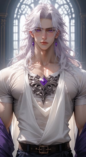 tall fit pale skinned  anime male with long white hair and deep ecentric purple eyes wearing mythical prince attire with chest window showing masculine but high detail tight undershirt with draped over it