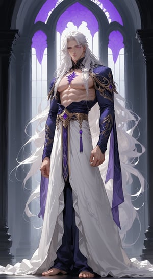 tall fit pale skinned  anime male with long white hair and deep ecentric purple eyes wearing mythical prince attire with chest window showing masculine full body but high detil 