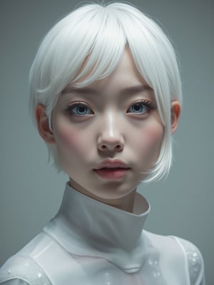 A futuristic portrait, and future girl, black eye with white pupils, short nose with small dots, small mouth with pink lips, long chin and shrink ears, white short hair, less fat in skin but looks healthy 