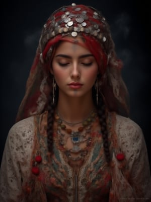 A young woman stands with her eyes closed, deeply immersed in a serene expression. She wears a traditional Moroccan Amazigh (Berber) outfit. Her vibrant red headscarf is adorned with intricate silver coins and colorful beads, which cascade down on either side. The scarf drapes over her braided hair, with green highlights interwoven. Tribal tattoos mark her forehead and chin, along with tattoos on her hands, adding to her cultural identity. She dons an embroidered white lace shawl over her shoulders, with layers of jewelry, including a large amber-colored necklace and a silver pendant. Her traditional Amazigh clothing is richly detailed, with colorful patterns, mostly in red, white, and gold. The lighting emphasizes her features, casting soft shadows around her, against a dark, moody background filled with light smoke or mist. Usham 