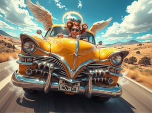 A caricature of a scene 

A sweeping, high-angle shot of iconic 'super taxi with wings speeding down a sun-drenched highway. The car's fins gleaming like razor-sharp teeth, as B.D. himself appears in the driver's seat, sunglasses perched on his forehead, hair flowing like a golden halo in the wind. In the background, a blurred landscape of rolling hills and endless blue sky, symbolizing the limitless possibilities of youth and rebellion. The composition is dynamic, with bold lines and vibrant colors capturing the essence of this quintessential American icon.