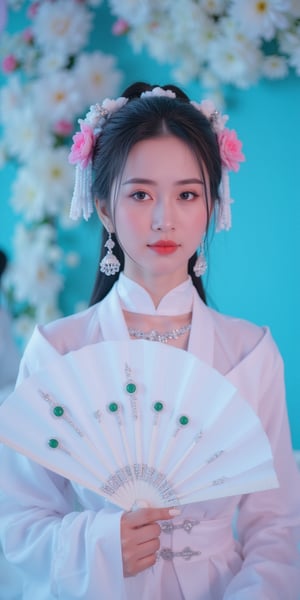 A close-up waist shot of a Asian woman in a white chinese clothes with a silver necklace and earrings. She is holding a white fan with Jade ornaments . The woman's hair is adorned with pink flowers adding a touch of beauty to the scene. creating a soft focus on the woman's face. neon lighting. (cover the background wall with light blue flowers:1.3), (looking at viewer, upper body)