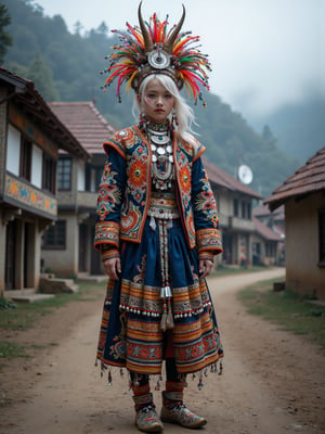 1Girl,albino Demon girl,goat horns,pale White skin,pure White long wave Hair, in northern Thailand wearing an opulent traditional bridal costume. Vibrant, multi-layered outfit with intricate embroidery and silver coin decorations. Elaborate headdress adorned with colorful tassels, beads, and dangling silver ornaments. Heavy silver necklaces and large earrings frame her face. Richly embroidered jacket in deep indigo with geometric patterns in red, yellow, and green. Wide pleated skirt with bold horizontal stripes and detailed needlework. Ornate silver belt with hanging charms. Embroidered apron with intricate designs. Legs wrapped in indigo leggings with embroidered ends. Traditional cloth shoes with pointed toes. She stands in a misty mountain village with traditional Hmong houses in the background,1girl,lyh,adrr-tsfft